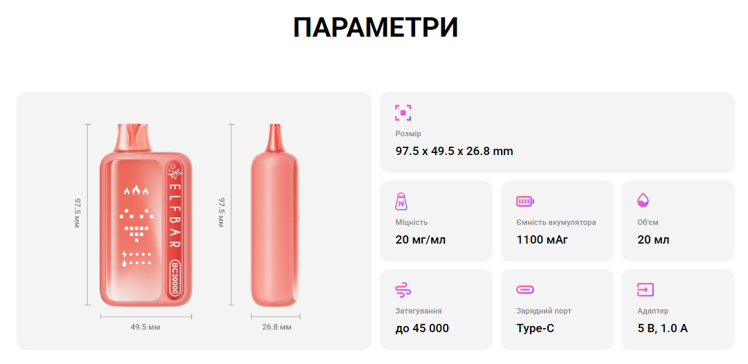 Elf Bar BC45000 параметри: розмір, місткість акумулятора 1100 мАг, об’єм 20 мл, до 45 000 затяжок, порт Type-C