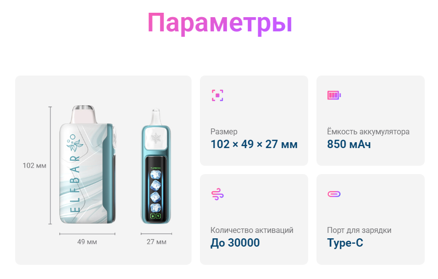 Технические параметры Ice King 30000: размер аккумулятор затяжки