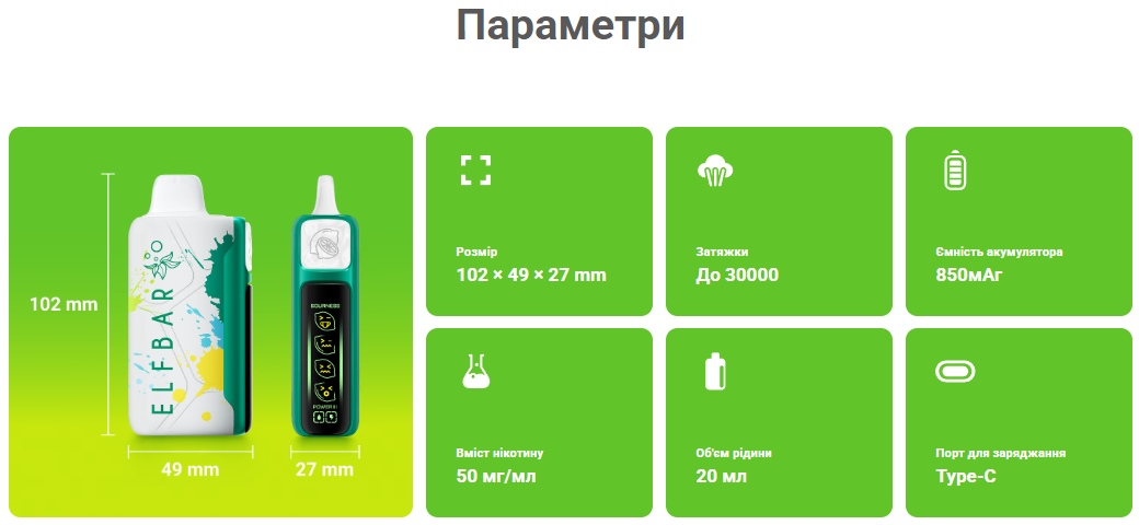 Elf Bar Sour King 30000 параметри – розмір 102x49x27 мм, 30000 затяжок, 850 мАч, 20 мл рідини, USB Type-C